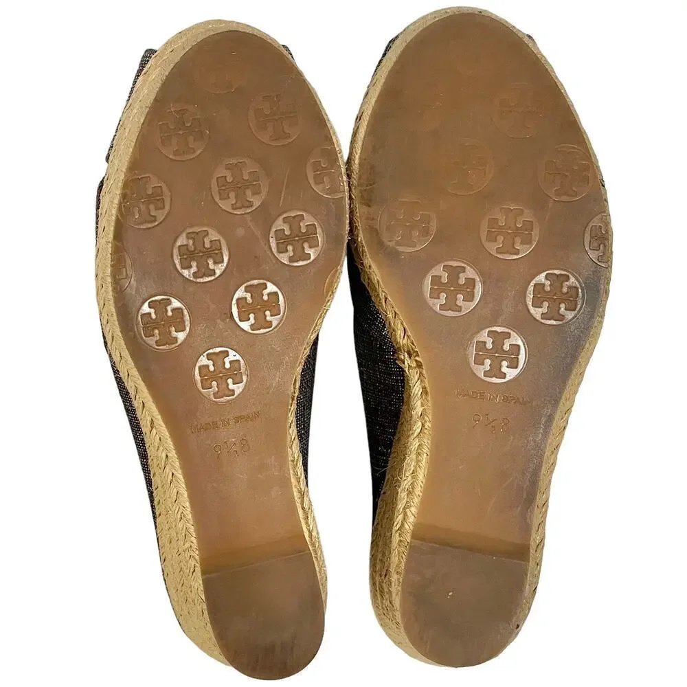 Tory Burch Filipa Pewter Linen Espadrille Wedges - Metallic Peep-Toe Heels